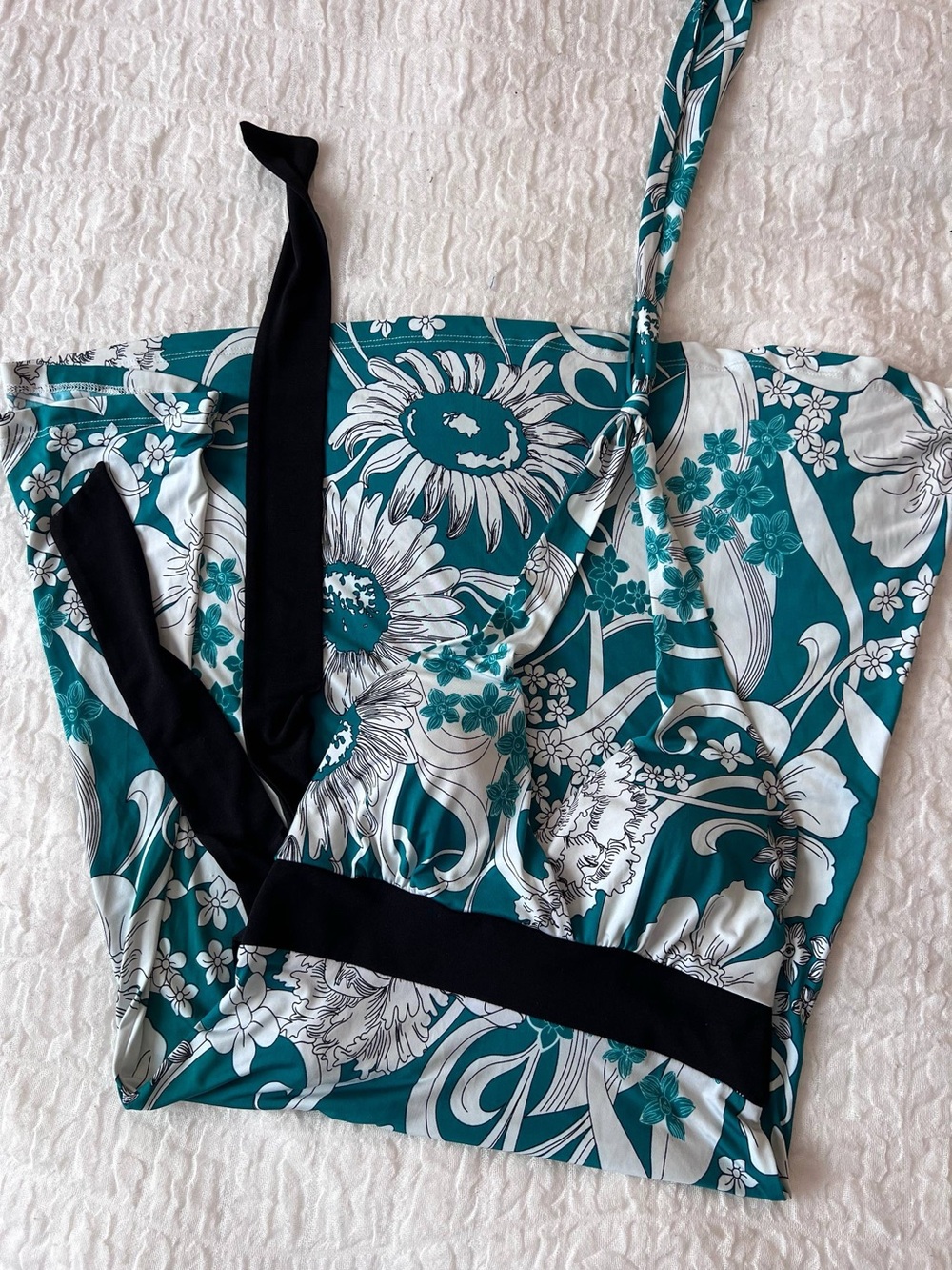 Vintage Green and White Floral Mini Halter Dress with Black Waistband